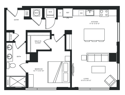 Floor plan for 1 bed, 1 bath, 840 sqft